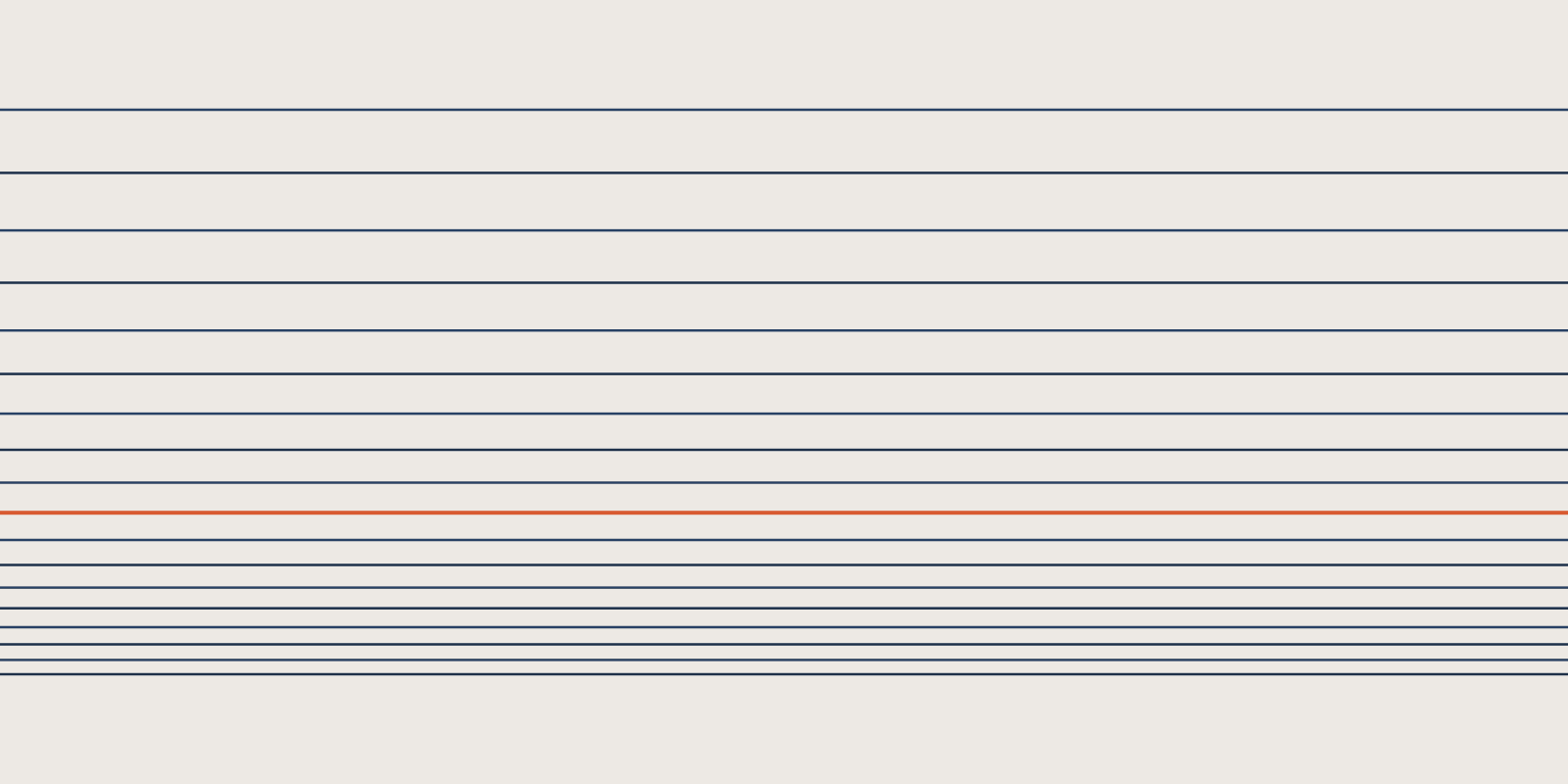 Abstract brand illustration: 18 thin navy rules across the frame, their spacing tightening toward the bottom, the 10th rule in orange, on a warm cream field.