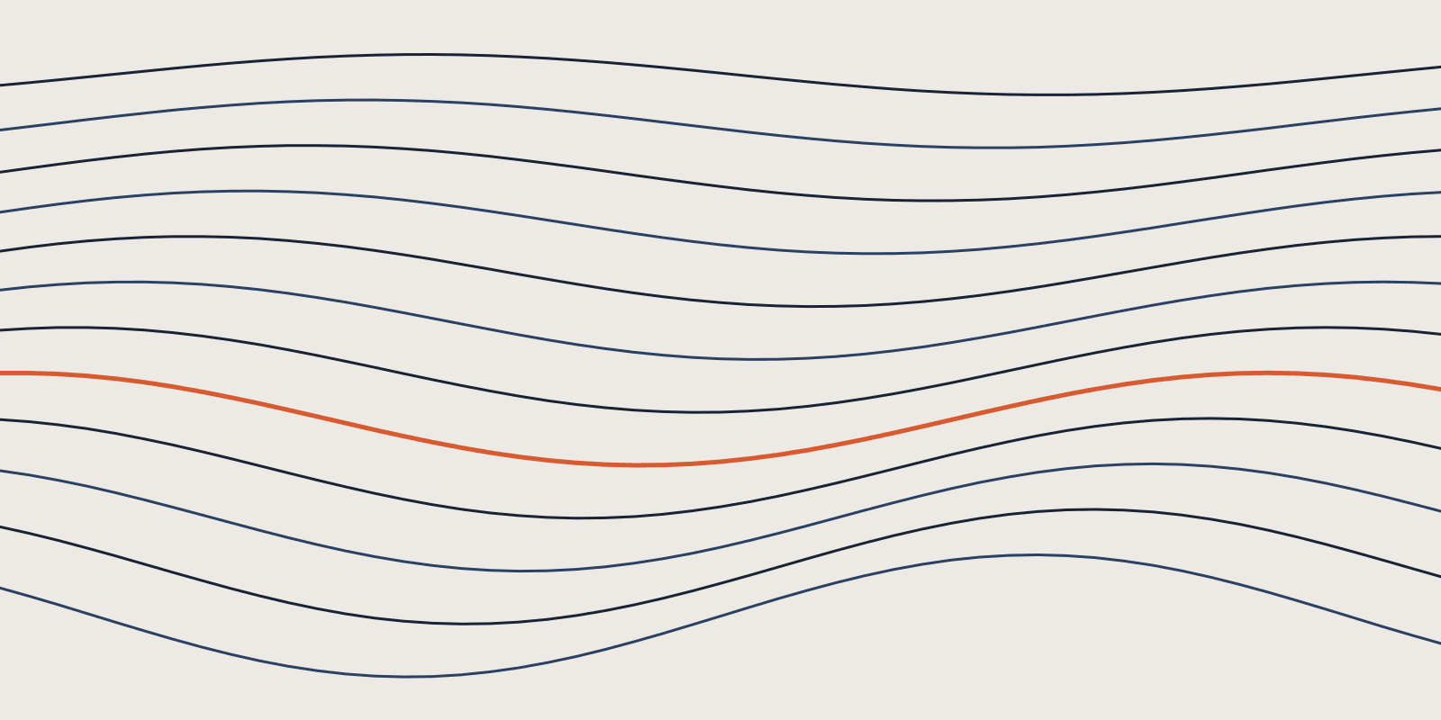 Abstract brand illustration: 12 flowing navy contour lines across the frame, the 8th line in orange, on a warm cream field.