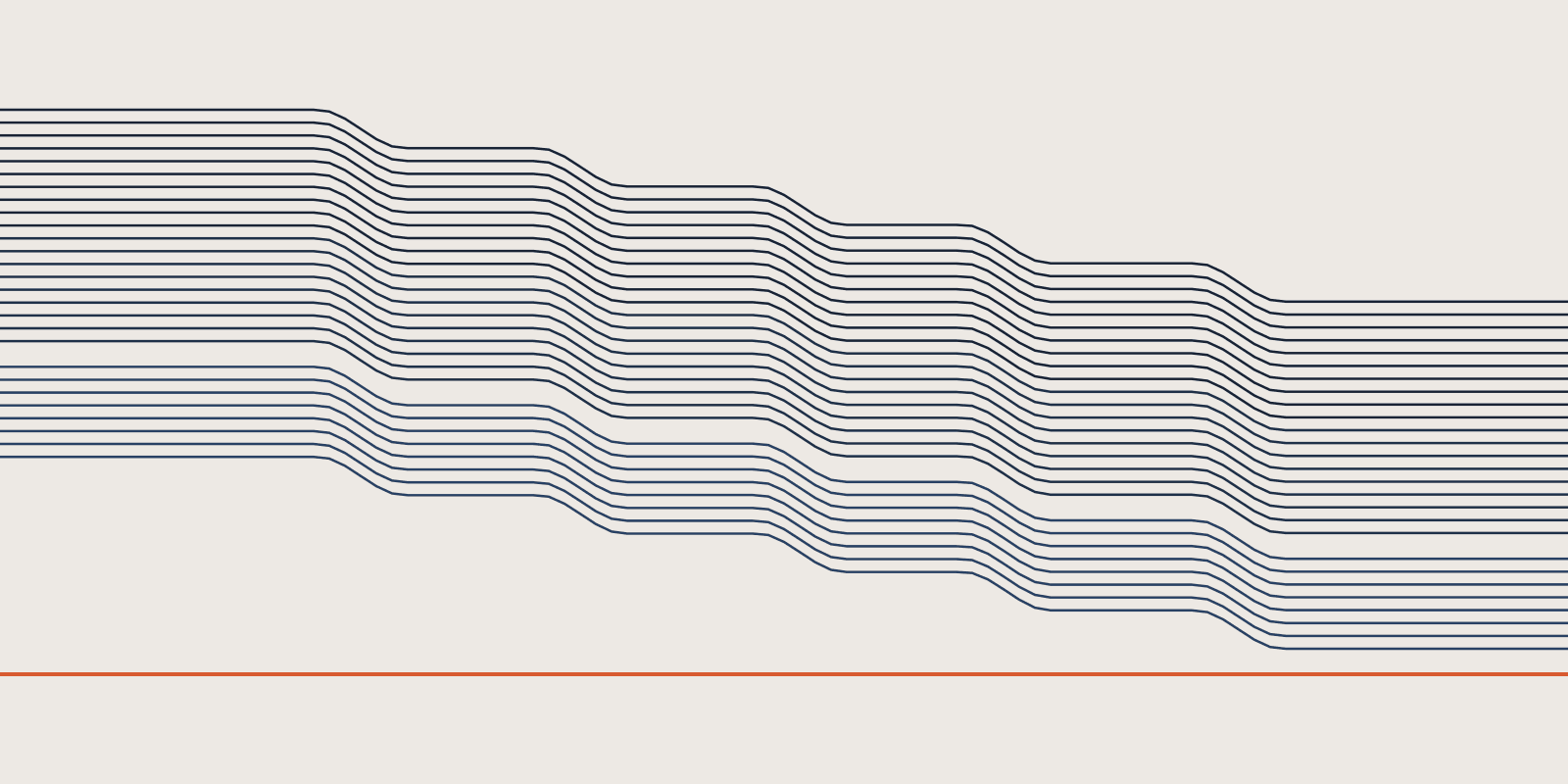 Abstract brand illustration: 28 navy strata terracing down across 5 steps, a level orange stratum running below the lowest step, on a warm cream field.