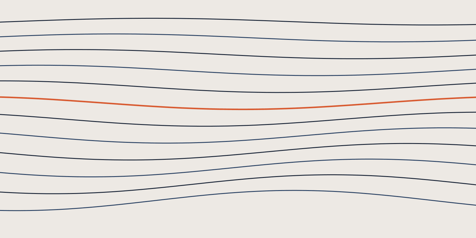 Abstract brand illustration: 12 flowing navy contour lines across the frame, the 6th line in orange, on a warm cream field.
