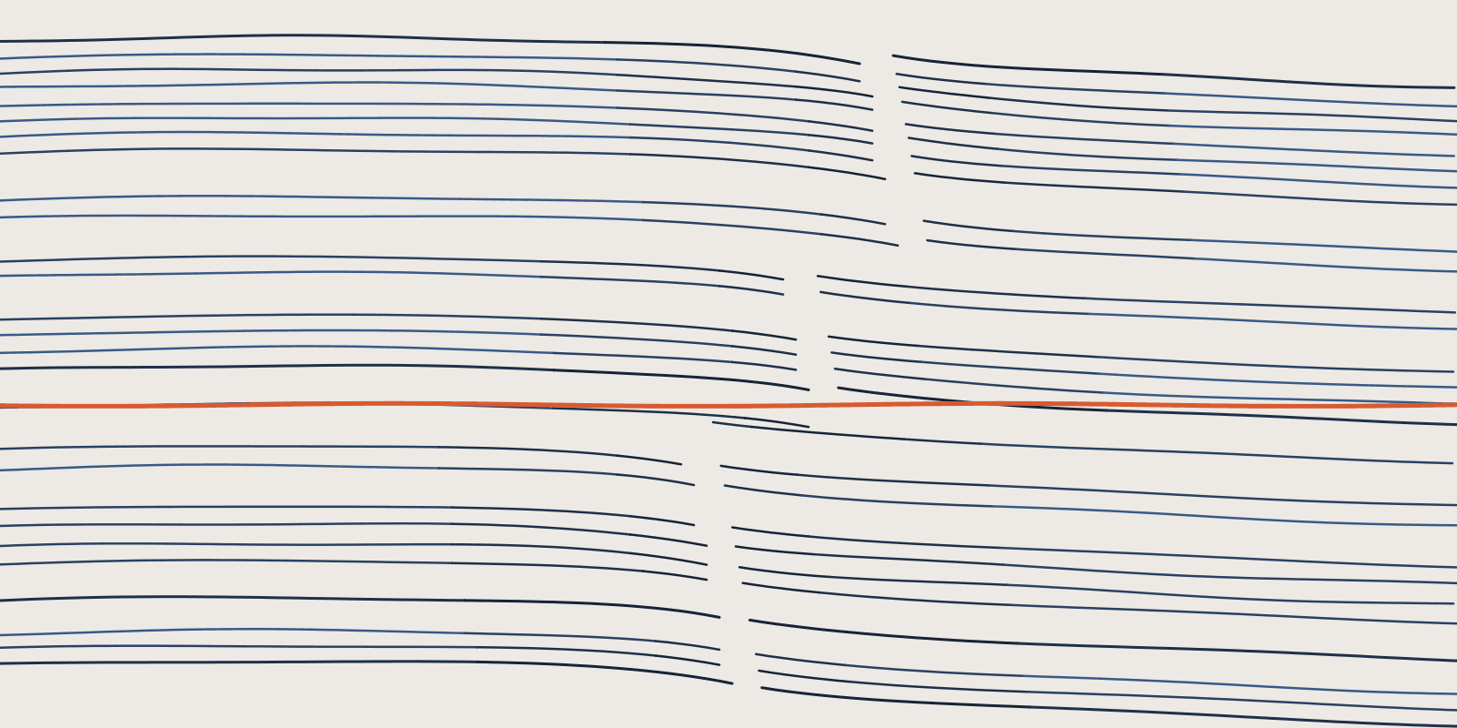 Abstract brand illustration: 28 folded navy strata bending and dropping along a three step cream fault, the 17th stratum crossing level and unbroken in orange across the middle, on a warm cream field.