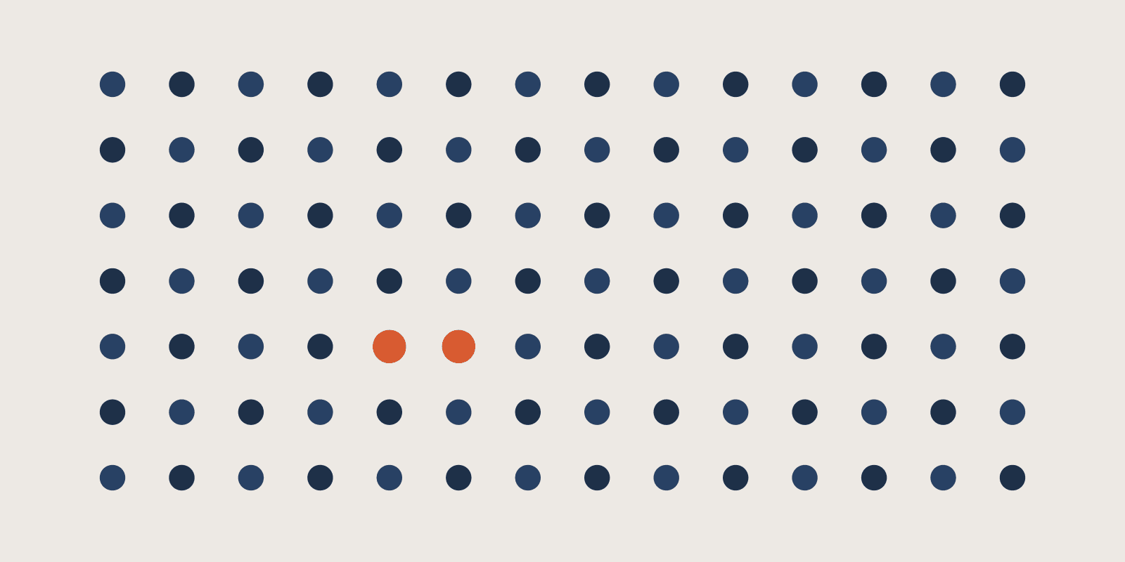 Abstract brand illustration: a grid of 98 navy dots with a short run of 2 orange dots, on a warm cream field.
