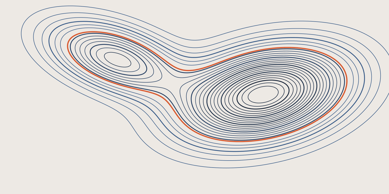 Abstract brand illustration: a topographic pattern of 26 fine navy contour levels around twin summits, one orange contour enclosing both, on a warm cream field.