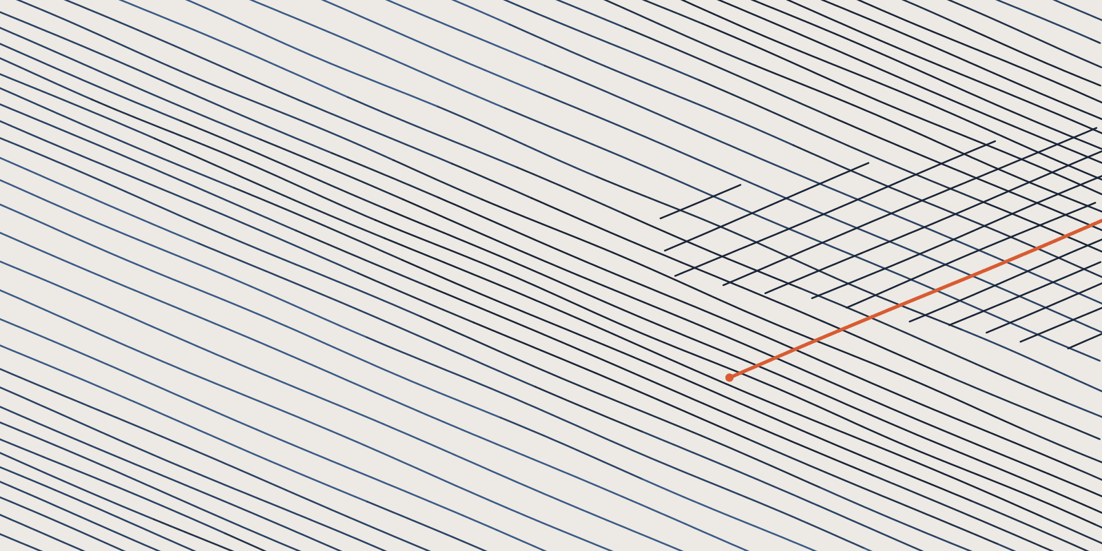 Abstract brand illustration: 52 fine navy hatch lines at one angle with a wedge of cross hatching entering from the right, one orange line crossing out of the wedge into the open field, on a warm cream field.