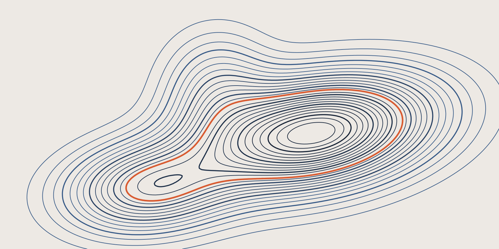 Abstract brand illustration: a topographic pattern of 26 fine navy contour levels around twin summits and a low shoulder ridge, one orange contour enclosing both, on a warm cream field.
