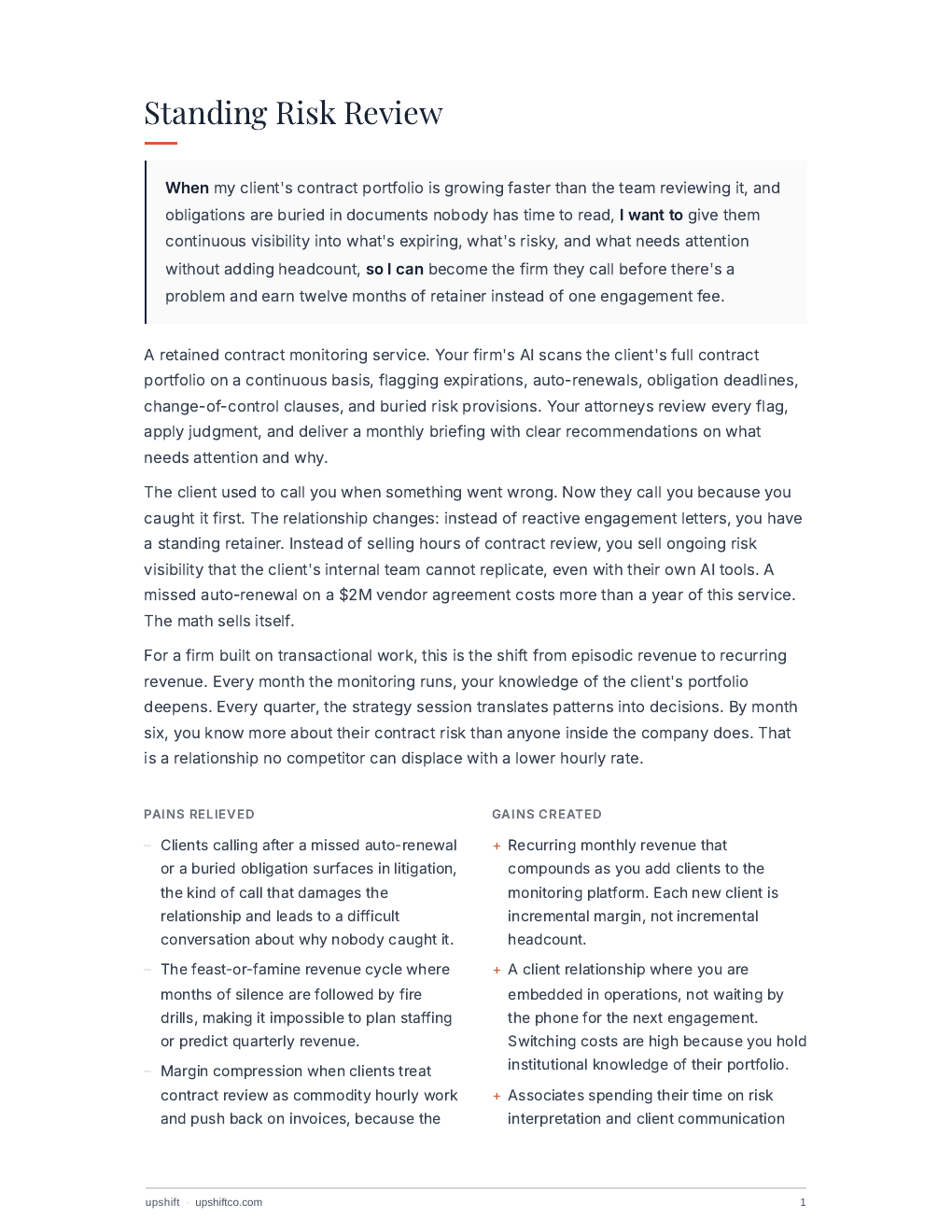 Standing Risk Review content page with service definition, pains relieved, and gains created