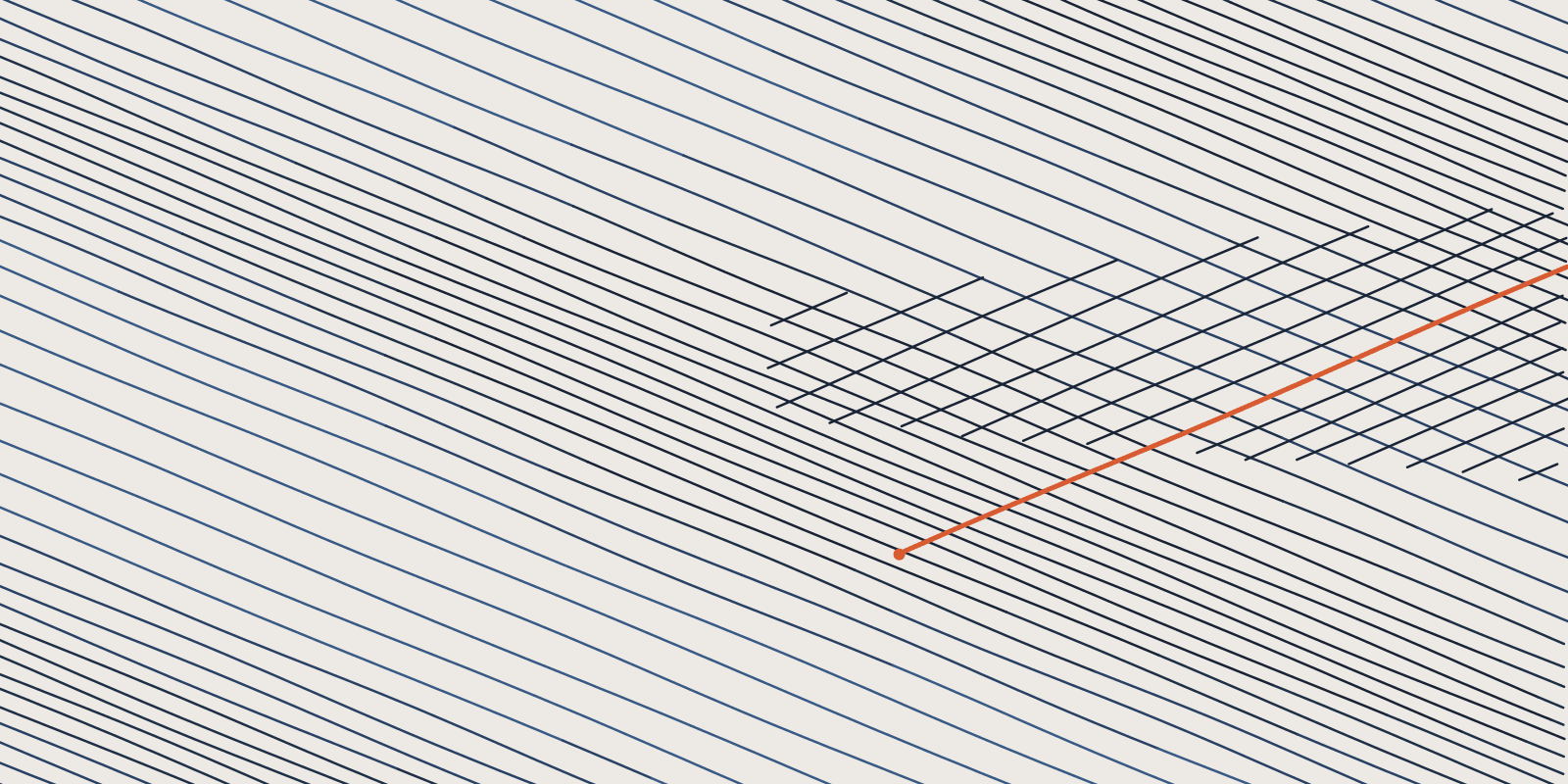 Abstract brand illustration: 61 fine navy hatch lines at one angle with a wedge of cross hatching entering from the right, one orange line crossing out of the wedge into the open field, on a warm cream field.