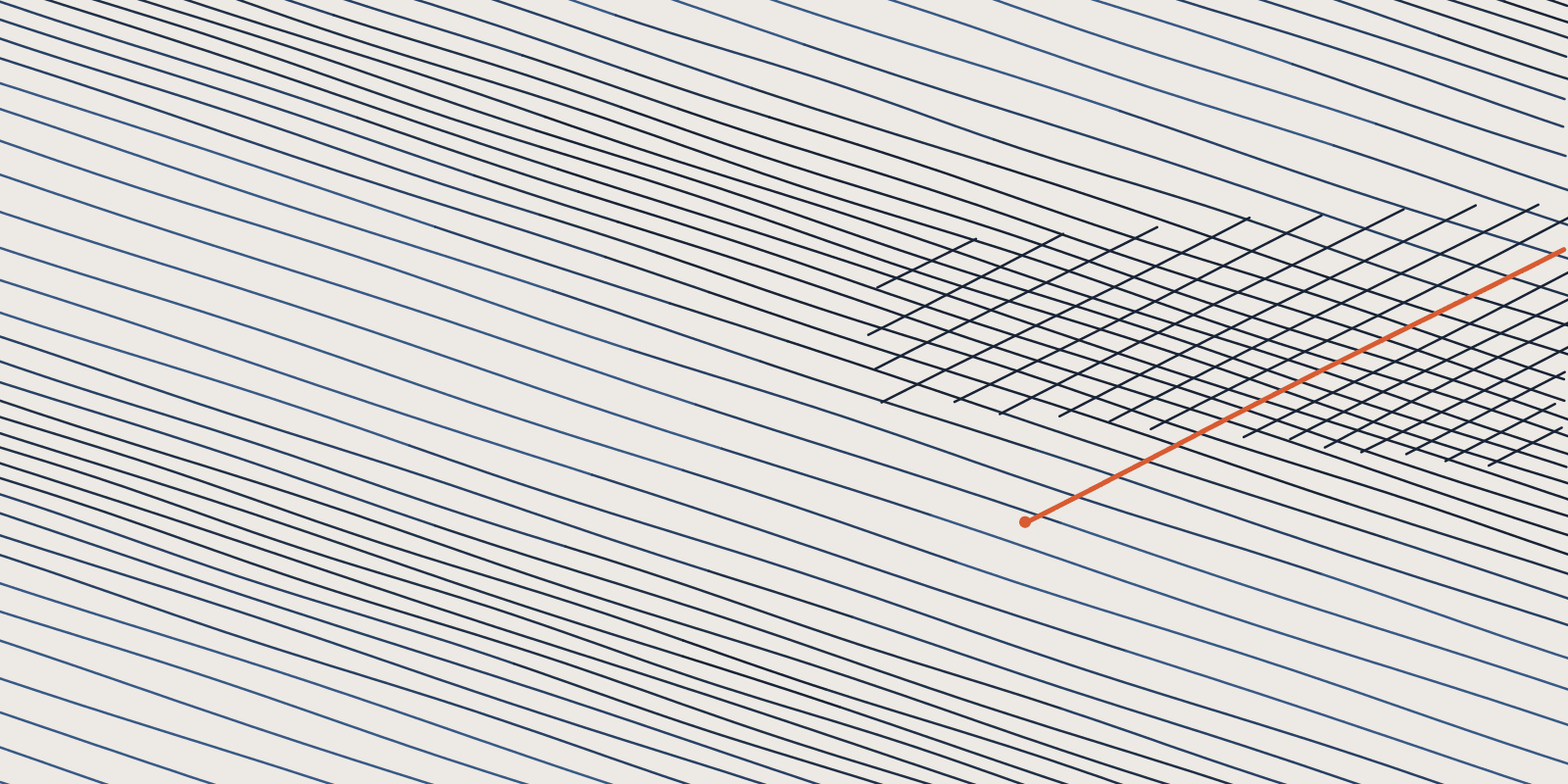Abstract brand illustration: 54 fine navy hatch lines at one angle with a wedge of cross hatching entering from the right, one orange line crossing out of the wedge into the open field, on a warm cream field.