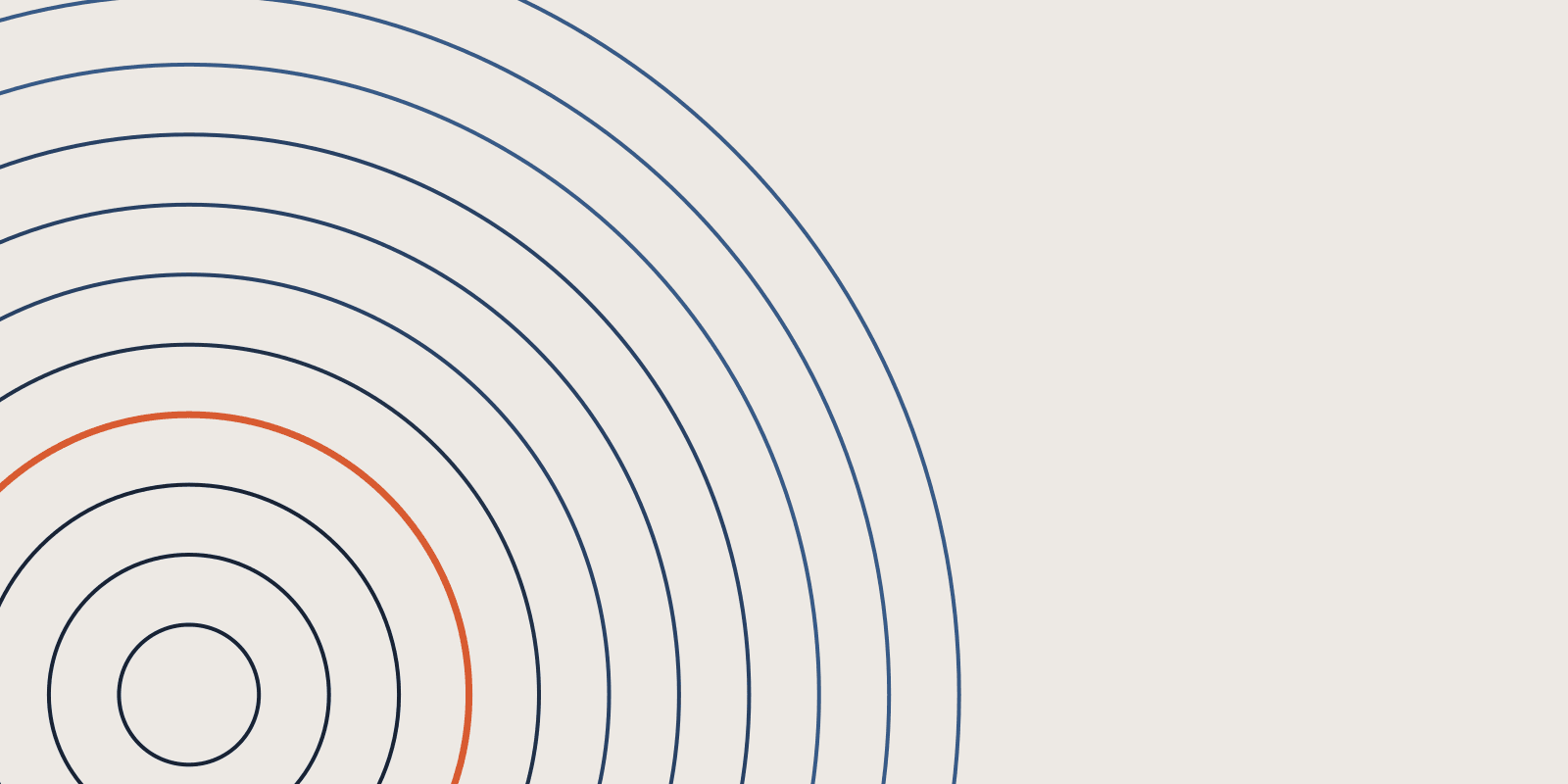 Abstract brand illustration: 11 concentric navy arcs radiating from the lower left, one arc in orange, on a warm cream field.