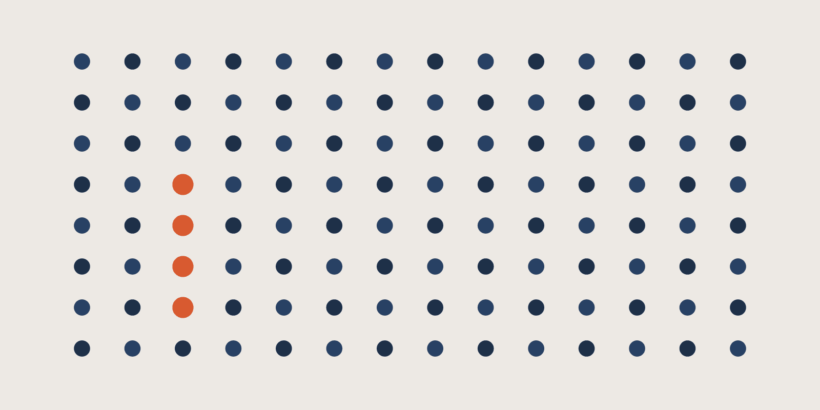 Abstract brand illustration: a grid of 14 by 8 navy dots with a short vertical run of 4 orange dots starting at column 3, row 4, on a warm cream field.