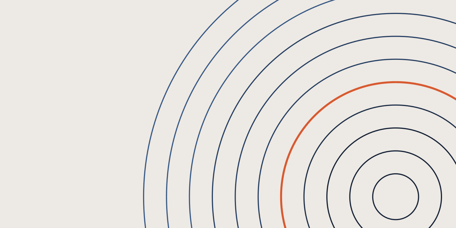 Abstract brand illustration: 11 concentric navy arcs radiating from the lower right, one arc in orange, on a warm cream field.