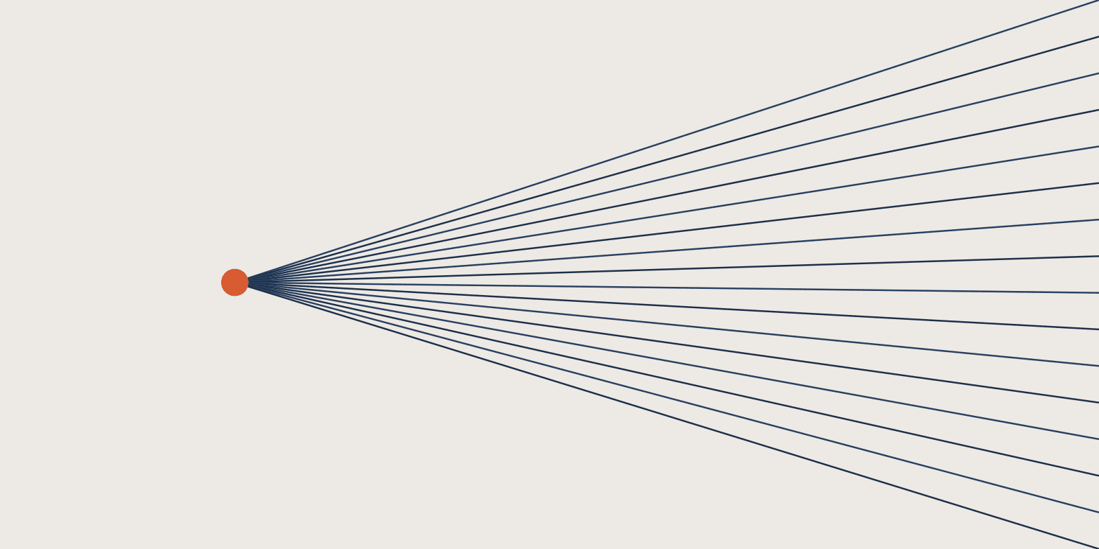 Abstract brand illustration: 16 navy lines converging on a single orange point near the left, on a warm cream field.