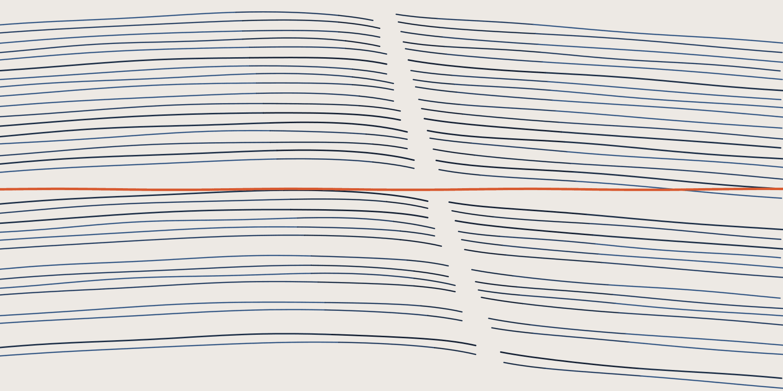 Abstract brand illustration: 32 folded navy strata bending and dropping along a leaning cream fault, the 18th stratum crossing level and unbroken in orange across the middle, on a warm cream field.