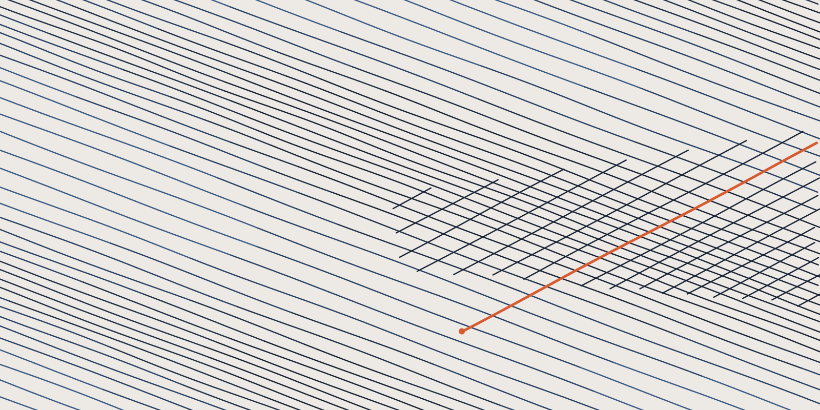 Abstract brand illustration: 59 fine navy hatch lines at one angle with a wedge of cross hatching entering from the right, one orange line crossing out of the wedge into the open field, on a warm cream field.