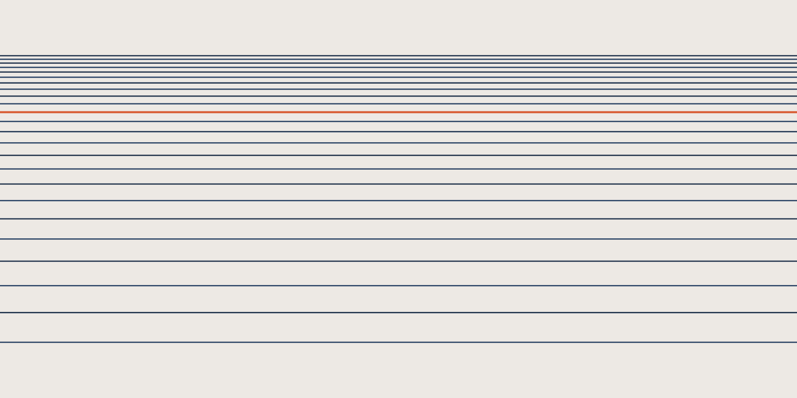Abstract brand illustration: 24 thin navy rules across the frame, their spacing tightening toward the top, the 14th rule in orange, on a warm cream field.
