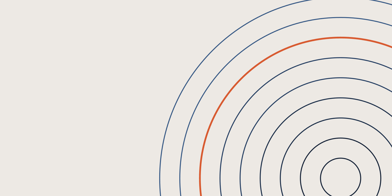 Abstract brand illustration: 9 concentric navy arcs radiating from the lower right, one arc in orange, on a warm cream field.