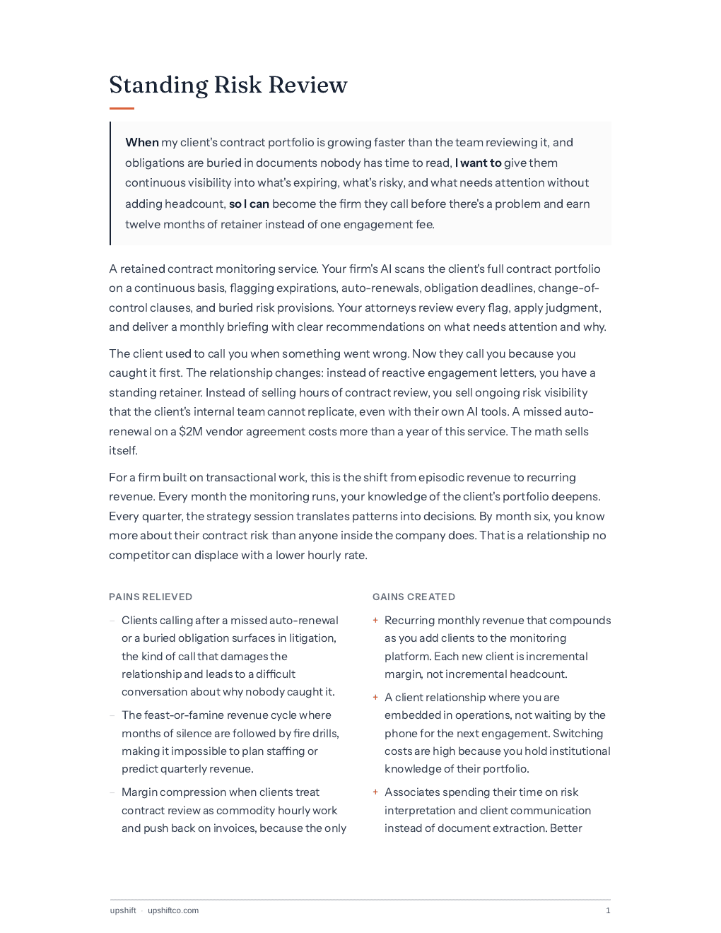 Standing Risk Review content page with service definition, pains relieved, and gains created